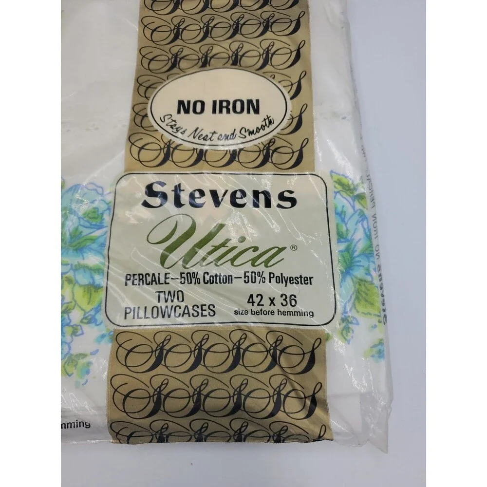 Vtg JP Stevens Utica Beauty Rose Pillowcases 42x36 Percale Blue Flowers Set of 2